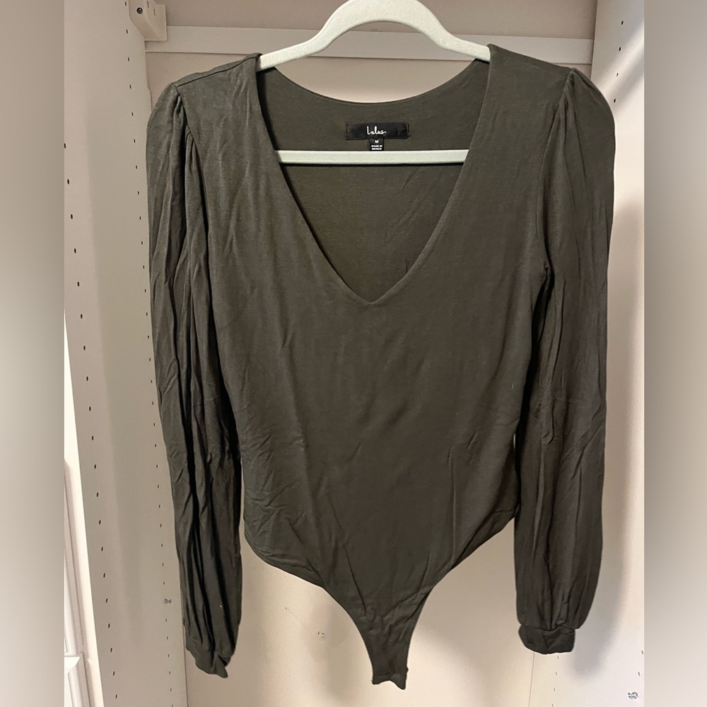 Lulu's Deep Olive V-Neck Bodysuit